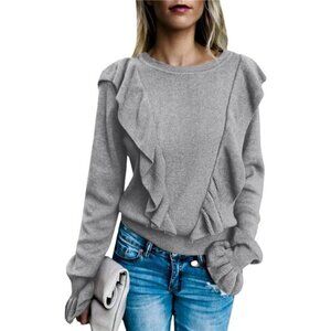 Long Sleeve Ruffle Front Rib Knit Shirt Top